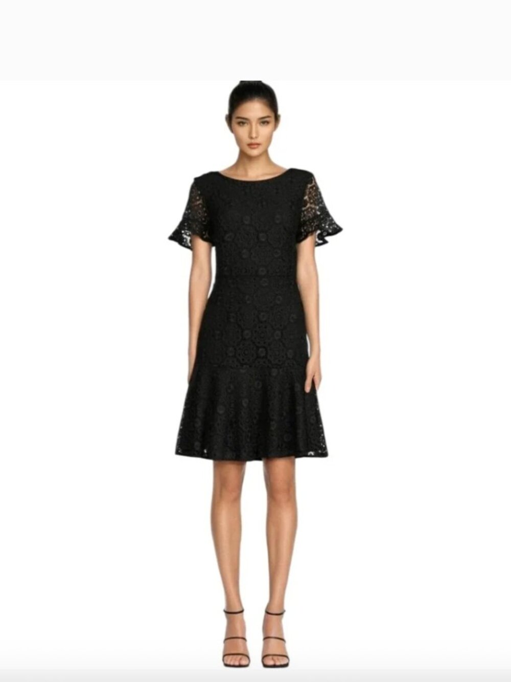 [FOCUS by Shani] Black Lace Fit & Flare Flutter Sleeve Dress